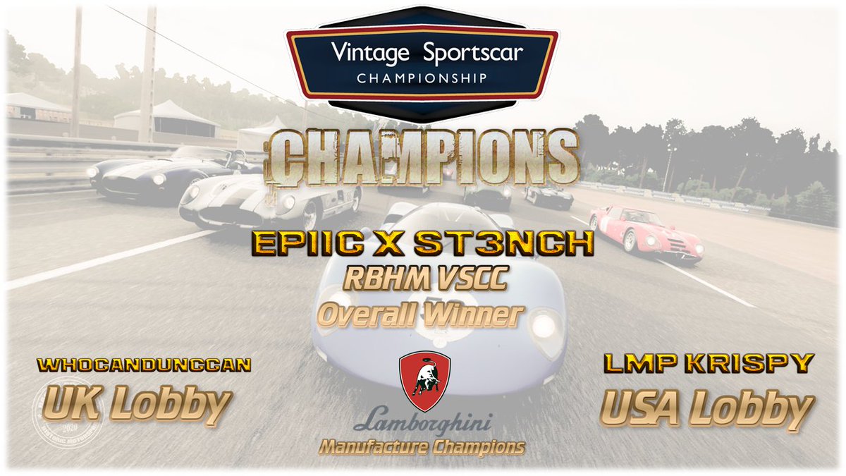 Here are our <a href="/RBHMGAMING/">Racing Buddies Heritage Motorsport</a> VSCC Champions, Congratulations to all who competed, this was a tough series, bring on the Ground Pounders.
<a href="/LMPeSports/">LMP eSports</a> 
<a href="/ForzaRC/">ForzaRC</a> 
<a href="/Lamborghini/">Lamborghini</a>