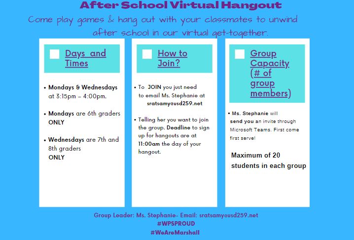 Virtual after school starting October 12th. If you are interested email Ms. Stephanie. #WeareMarshall #SomosMarshall #VirtualLearning #VirtualGroups #2020schoolYear