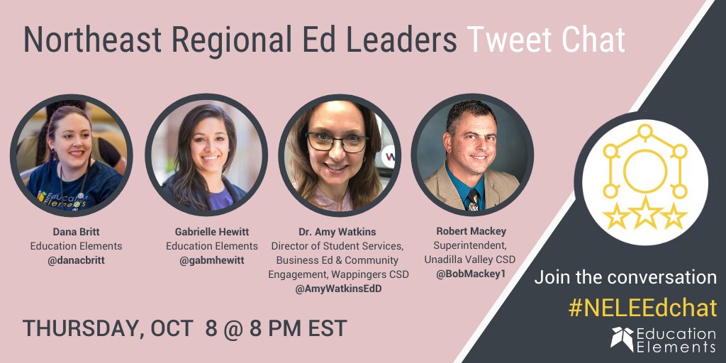 gabmhewitt's tweet photo. Calling all NY, NJ, CT, PA, OH and NE Region Ed Leaders! Join me in a Tweet chat next Thursday at 8pm ET along with @danacbritt, and special guest co-moderators @AmyWatkinsEdD and @BobMackey1 for a dialogue on creating connections while leading through change. #NELEEdchat https://t.co/ZFAa02amTn