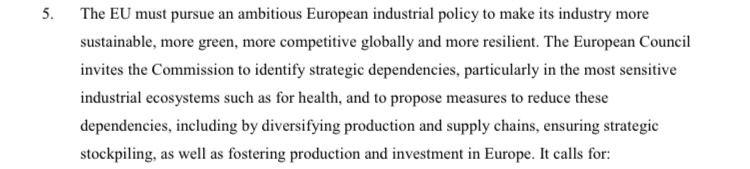 Le Conseil a décidé donc de parler de stratégie industrielle. Il faut donc rendre l’industrie européenne plus « résiliente » en raccourcissant les chaînes de valeur. Très bien pour l’intention. Comment le Conseil entend-iI s’y prendre ?  #EUCO
