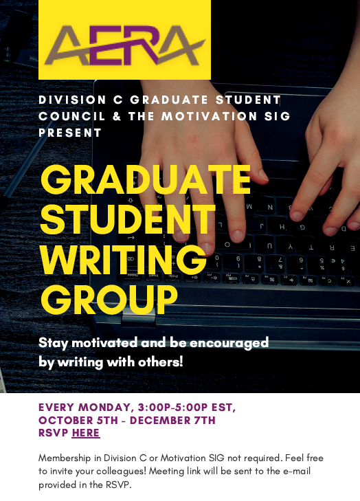 Remember to sign up to join our community writing group with <a href="/AERADivCGrad/">AERA Div C Grad Student Council</a>! Weekly meetings begin Monday (10/5) from 3-5PM EST: docs.google.com/forms/d/e/1FAI…. See you then!