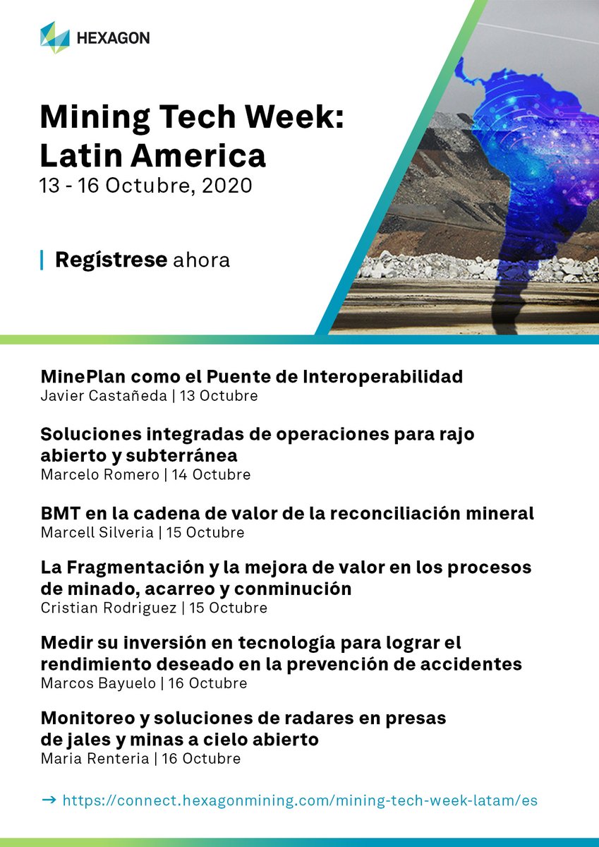 Arteaga_Latam's tweet photo. #recomendadodeldรญaโ๏ธ๐งญ
@HexagonMining le invita a participar del 13 al 16 de octubre en Mining Tech Week: Latin America.
Un evento virtual para actualizarse en materia de tecnologรญas aplicada a la industria minera regional.
Inscripciones https://t.co/2HLH8V44wv
#HexagonMining https://t.co/lOME4wRzB3