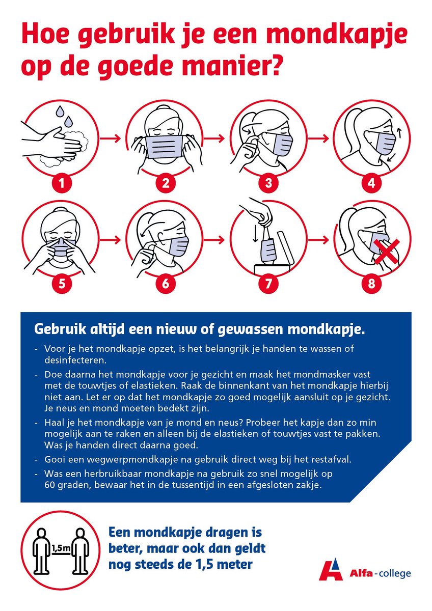 Veiligheid en gezondheid voorop! Een dringend advies aan onze studenten, medewerkers en bezoekers om een mondkapje te dragen wanneer zij zich bewegen in onze lokalen, werkruimtes en gebouwen. Een mondkapje dragen is beter, maar ook dan geldt nog steeds de 1,5 meter.