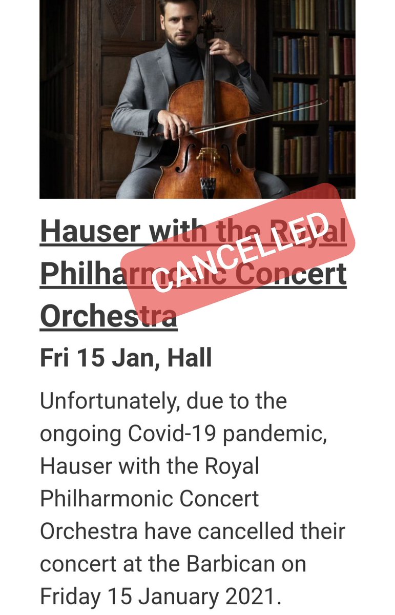 Sad to hear today via email, that @hausercello concert in January has been cancelled 😔
The Barbican will be in touch with details on how to obtain your refund.