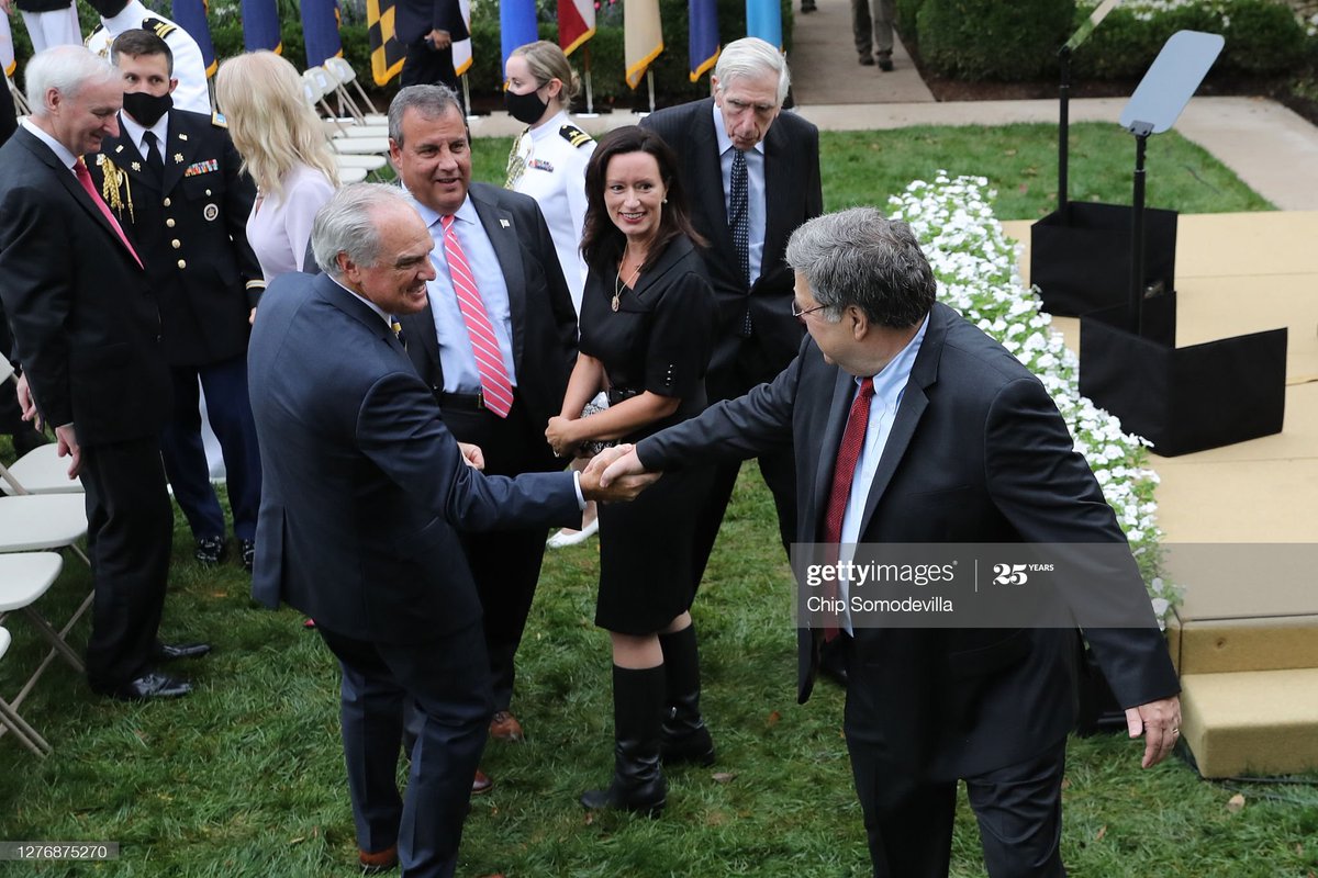 Amy Coney Barrett's Rose Garden coming out party was a superspreader event William Barr, Chris Christie, Tony Perkins, Mark Meadows, Kellyanne ConwayNo masks & no social distancing ... even handshakes