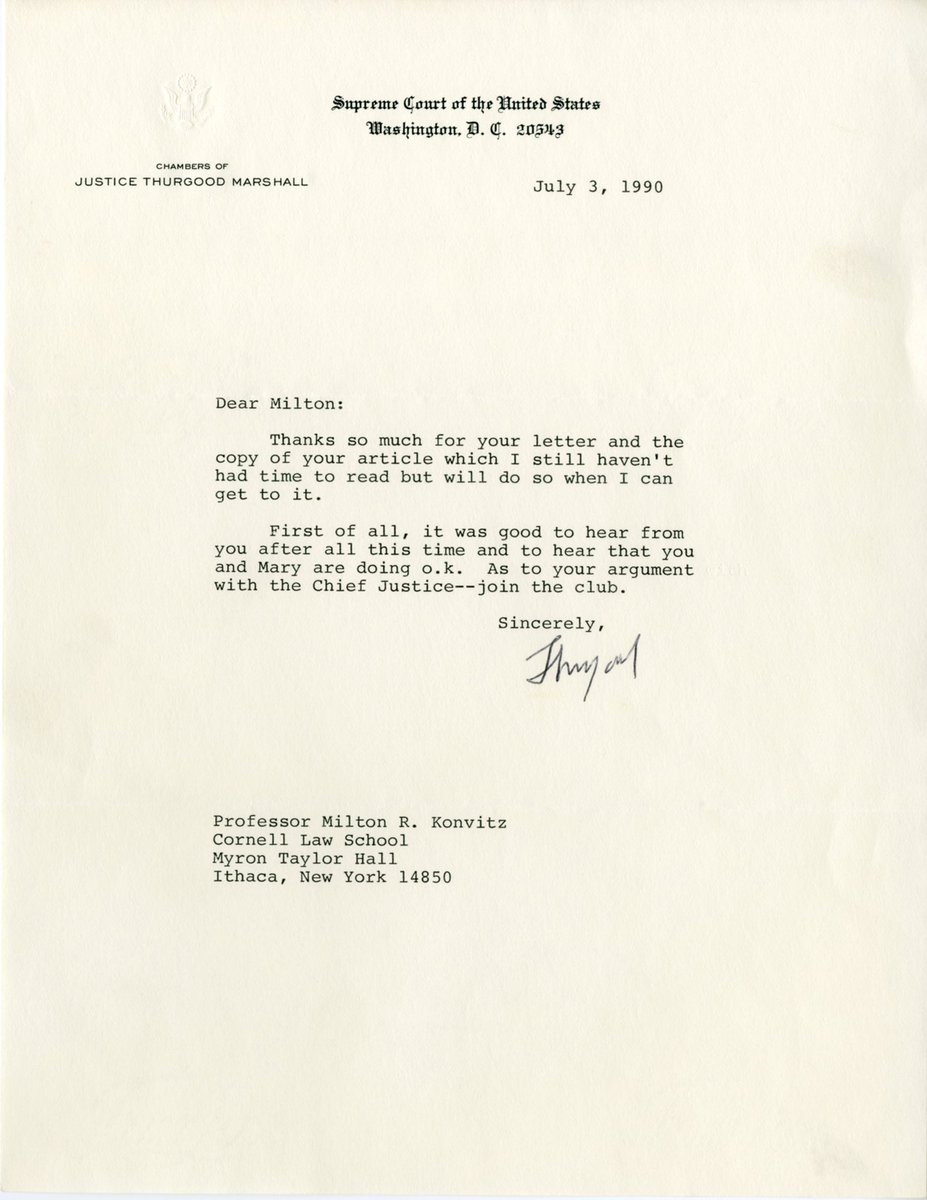CatherwoodLibe's tweet photo. #OnThisDay Thurgood Marshall was sworn in as first Black Justice of the US Supreme Court in 1967. Archivists recently discovered this letter from Marshall to ILR Professor Milton Konvitz, amidst letters from Justices Ginsburg &amp; Brennan. #ThurgoodMarshall #KheelCenter #CornellRAD https://t.co/HmILxTa3MA