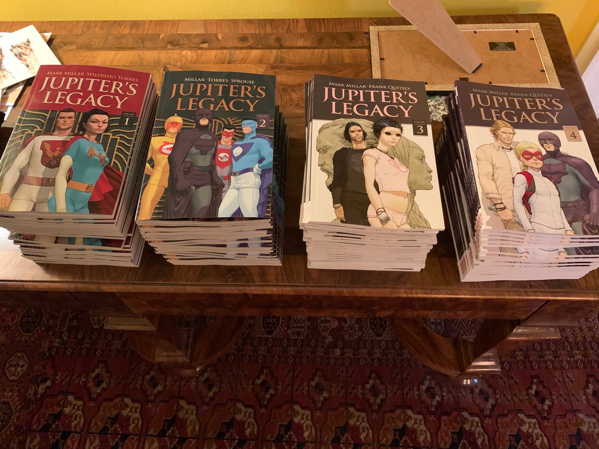 mrmarkmillar's tweet photo. Brand new printings of the 4 Jupiter’s Legacy trades just arrived at Millar HQ as we begin the build up to your new favourite @netflix series... https://t.co/enMMW94z9S
