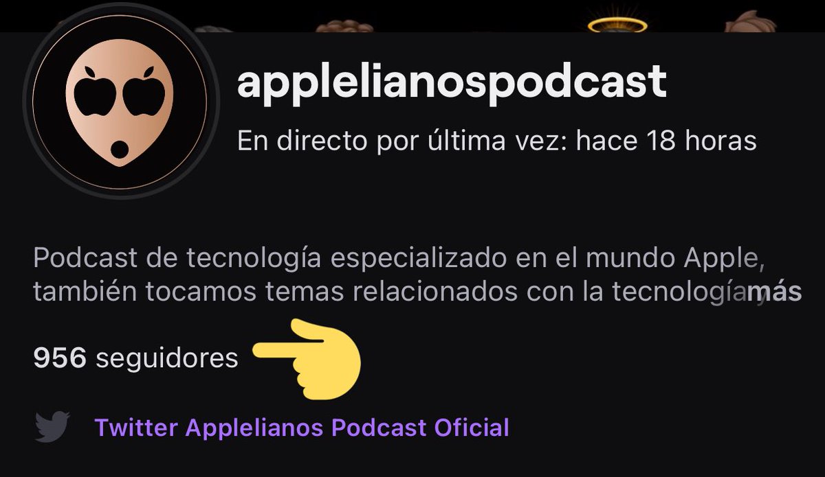 Nos ayudáis ? Nos quedan 44 seguidores y llegamos a los 1K en nuestra canal de <a href="/Twitch/">Twitch</a> 🥳 👉🏻 twitch.tv/applelianospod… 👈🏻 GRACIAS !