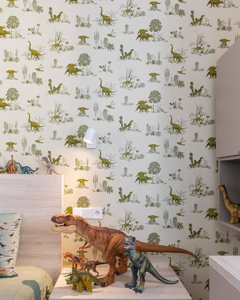 Adventurous dreams await with our Dino Wallpaper. Available in Yellow Green, Pink Green and Grey 🦖⁠
⁠
Photo by @estudio_guru_⁠
.⁠
.⁠
.⁠
#kidsinteriors_com #boysroom #kidsroom #toddlerroom #nurseryroom #nurseryroomdecor #kidswallart #nurserywallart
