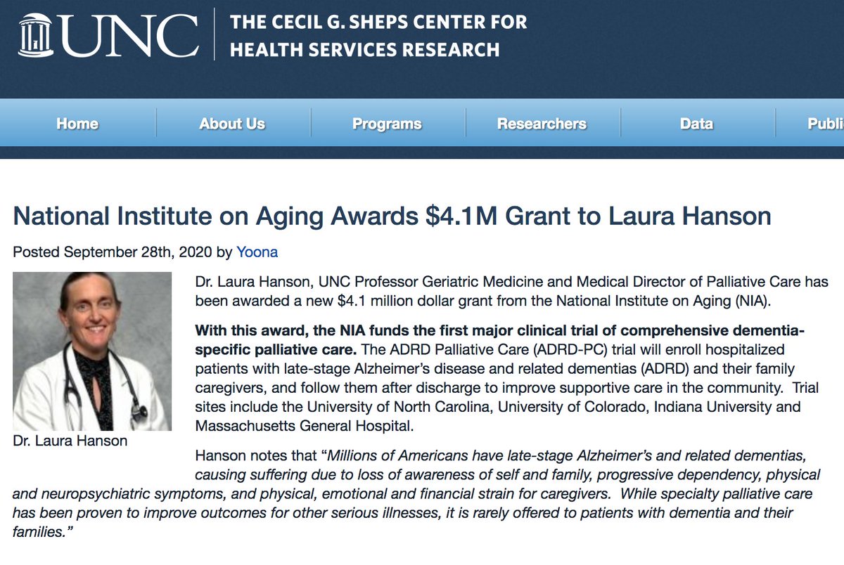 UNCGeriatrics's tweet photo. Congratulations to Dr. Laura Hanson, who was awarded $4.1 million from the 𝗡𝗮𝘁𝗶𝗼𝗻𝗮𝗹 𝗜𝗻𝘀𝘁𝗶𝘁𝘂𝘁𝗲 𝗼𝗻 𝗔𝗴𝗶𝗻𝗴 for the #ADRD Palliative Care Trial, the first major clinical trial of comprehensive #dementia-specific #palliativecare. 👏🏽

https://t.co/ucXuUTXouD https://t.co/EDxQ8zKVtt