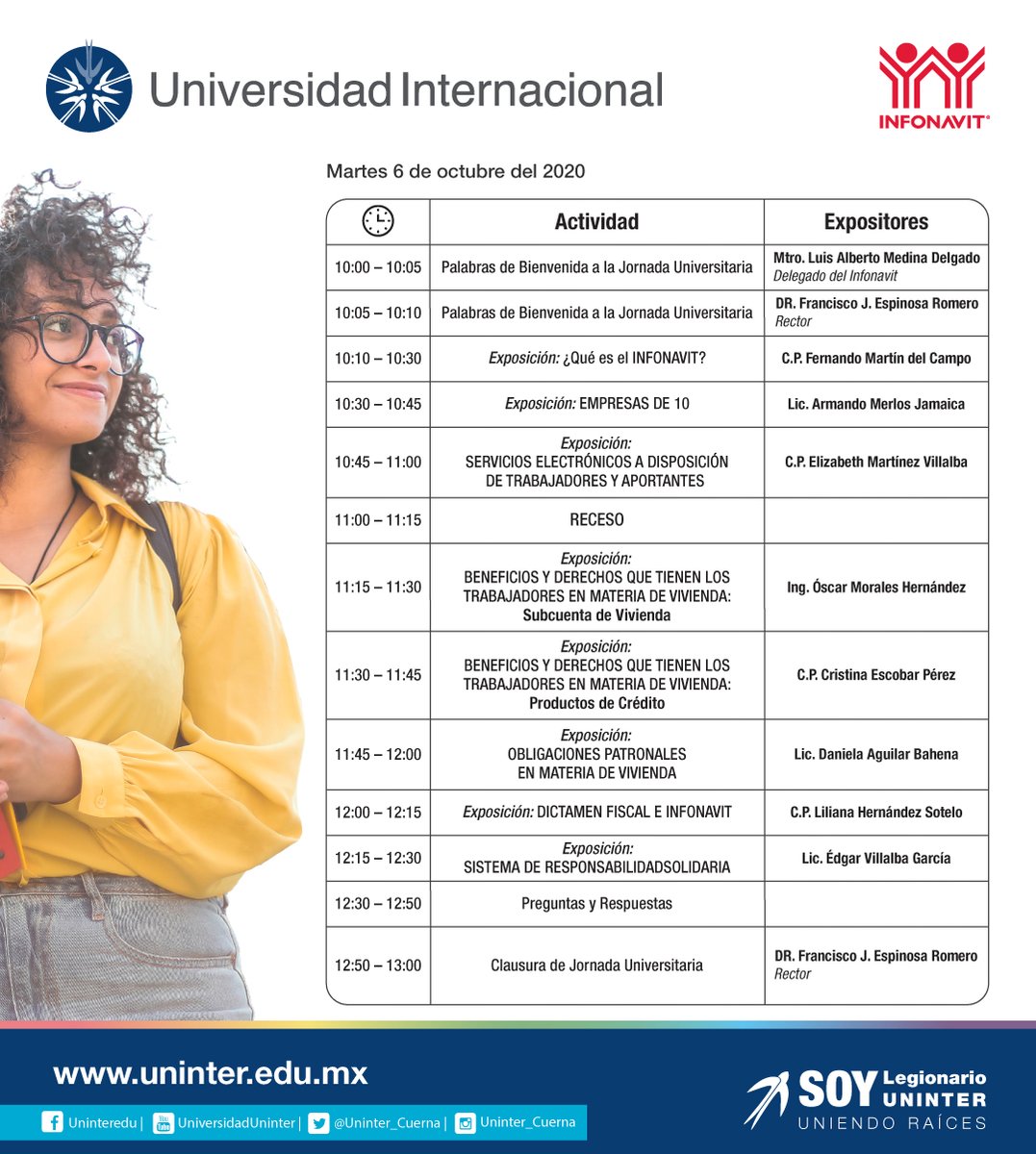 EndecsUninter's tweet image. ¡Chav@s! 
- Les compartimos el programa completo para la Jornada Universitaria Infonavit. ¡OJO! A todos los temas y sus horarios. ¡Ánimo! No queremos que se pierdan nada. Más adelante les compartiremos más sobre el evento. 
#UninterSeQuedaEnCasa #SoyUninter