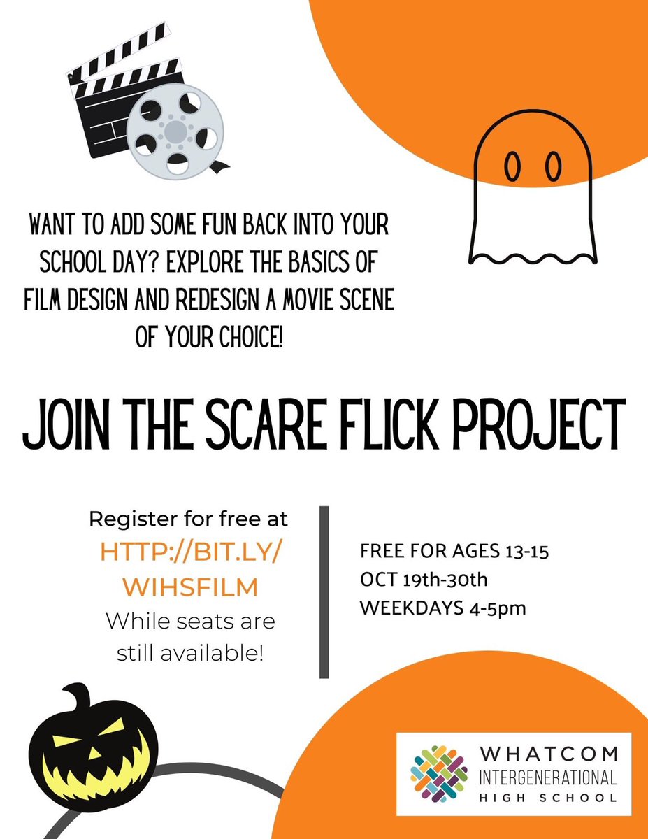 WhatcomIHS's tweet image. WIHS knows how overwhelming the start of this school year has been for some students. We invite you to add some fun creativity back into your schedule by joining The Scare Flick Project! Click the link in our bio to register while seats are still available! #bellingham
