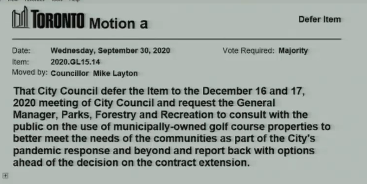 Councillor Mike Layton moves to defer voting on the golf course item until December, giving time for the parks department to consult.