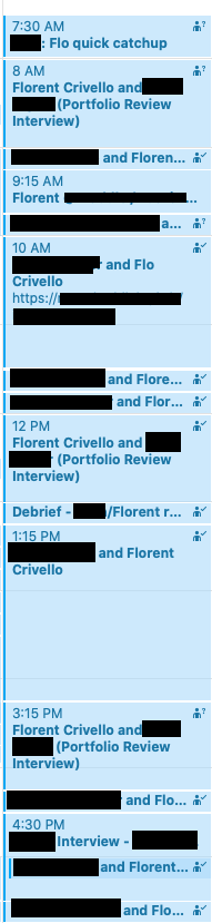 Spent the last 2 months recruiting 13hrs a day, and it's really paid off. We hired the 1 best designer and 3 best engineers I've ever met — this is honestly going to be the best team I've ever worked with. This is what my funnel and a normal day looked like