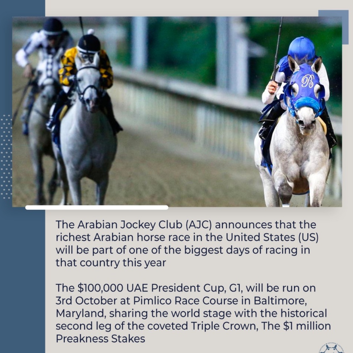 The Arabian Jockey Club (AJC) announces that the richest Arabian horse race in the United States (US) will be part of one of the biggest days of racing in that country this year

#uaepresidentcup

@TheAJClub

@PreaknessStakes