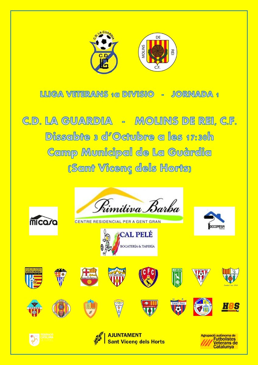 Mañana, por fin, empieza la Liga!!!
<a href="/cdlaguardia/">C.D. La Guardia</a>  vs <a href="/molinscf/">𝗠𝗢𝗟𝗜𝗡𝗦 𝗗𝗘 𝗥𝗘𝗜 𝗖𝗙</a> 
17:30, Camp Municipal de La Guàrdia
#futbolsvh #futbolveteranscatalunya