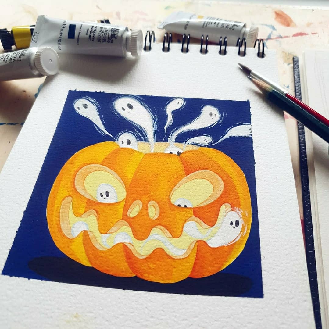 AnnaNander's tweet photo. Happy spooky month! 🎃👻🔮 For the start of October I decided to take out my gouache paints again and try some new 100% cotton paper. #drawtober2020 #drawtober #drawtobercarvings https://t.co/ElsZpN9BTd