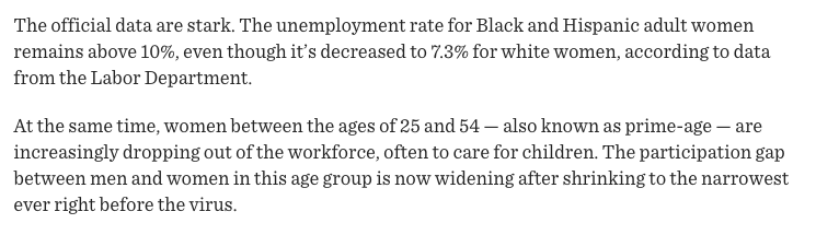 greenhousenyt's tweet photo. The pandemic is threatening to wipe out decades of economic progress for women.

Many women are leaving the  workforce, and the biggest points of pain are among women of color &amp; women with young children

Some economists call it the first female recession.
https://t.co/wLRlmsRDsz https://t.co/qoSKLig5Bz