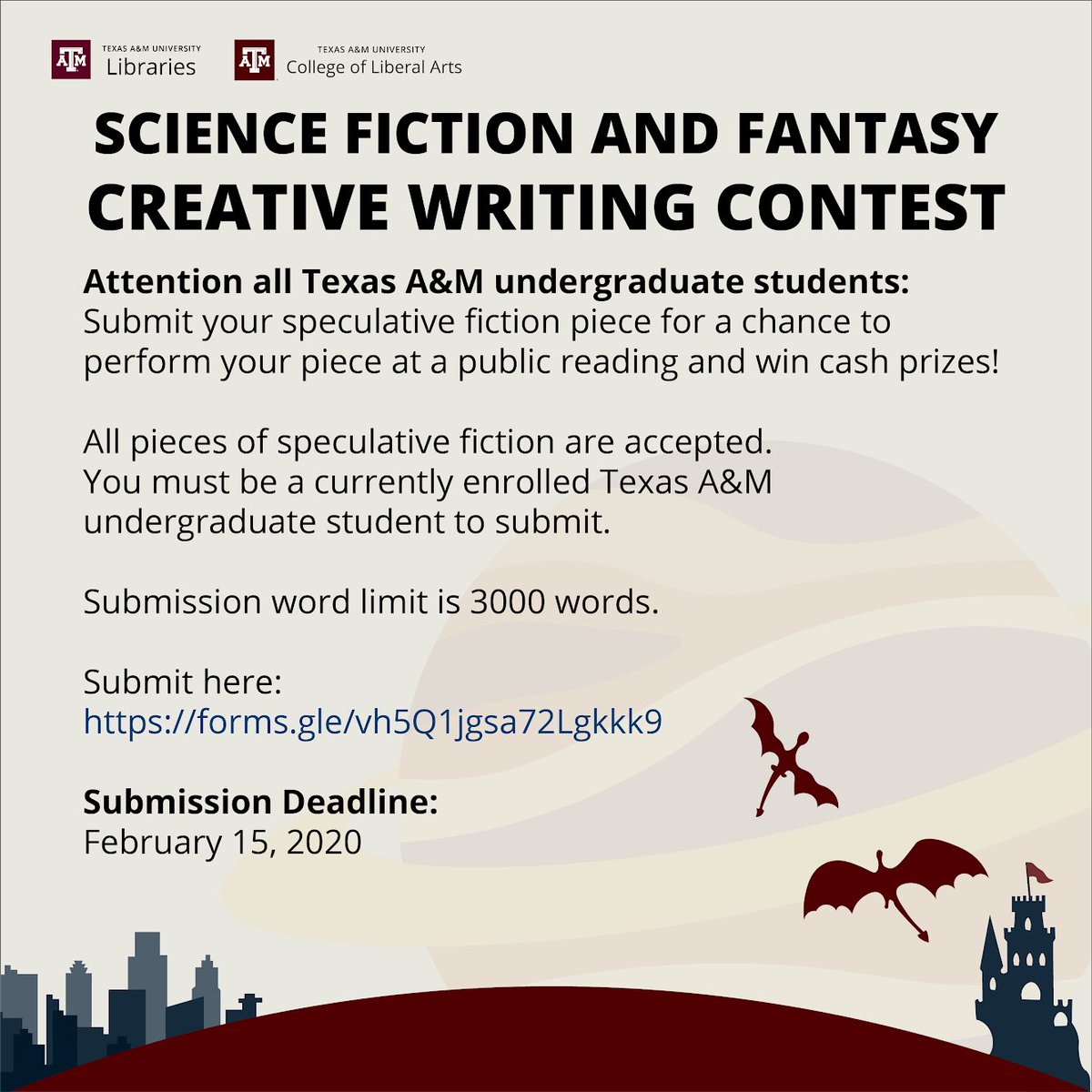 TheEnglishAggie's tweet photo. Have you heard?? @tamulibraries /Cushing Memorial Library and Archives & the Department of English are hosting a Science Fiction and Fantasy Creative Writing Contest! Check it out! ⬇️
#amwriting
#tamu
#theenglishaggie
#tamulibraries https://t.co/Nftpid3NI2