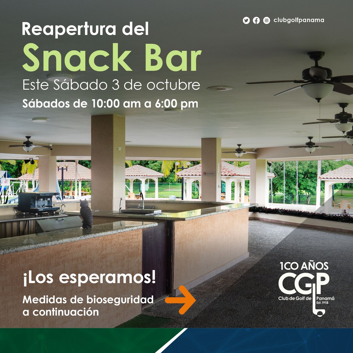 ClubGolfPanama's tweet image. #pasionpormiclub Estimados socios, el Snack bar abre nuevamente sus puertas los sábados de 10:00 am a 6:00 pm, los recibiremos con todos los protocolos establecidos.
#golfpanama #golfclub #golfcourse #snackbar