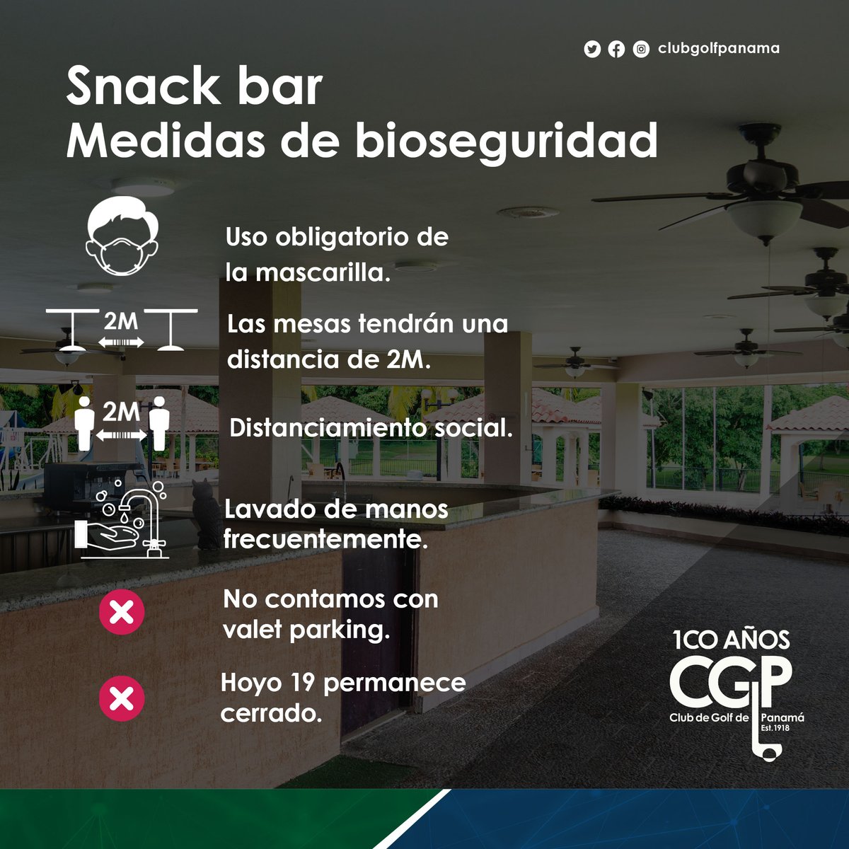 ClubGolfPanama's tweet image. #pasionpormiclub Estimados socios, el Snack bar abre nuevamente sus puertas los sábados de 10:00 am a 6:00 pm, los recibiremos con todos los protocolos establecidos.
#golfpanama #golfclub #golfcourse #snackbar