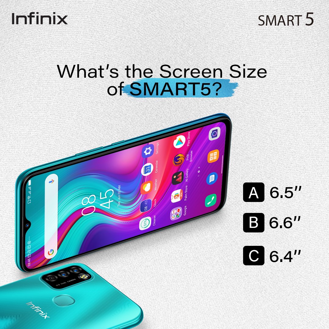 infinixrwanda's tweet photo. Showcase your #SMART5 knowledge!

What’s the size of its screen?

A. 6.5"
B. 6.6"
C. 6.4"

#MegascreenMegabattery
#RwOT https://t.co/NAXGRqqigD