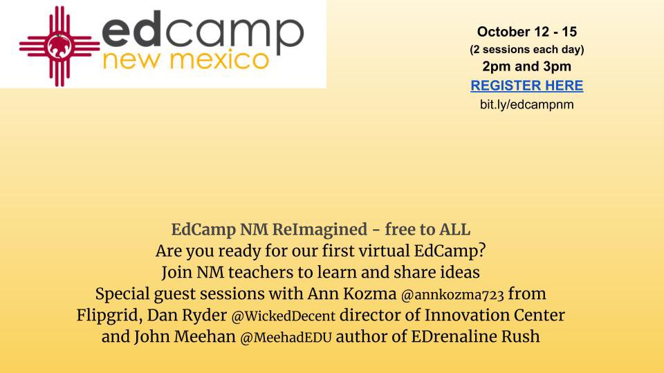 We are ten days away from our EdCamp ReImagined!! Have you signed up? Did you invite your friends? 
We have incredible special guests. 
bit.ly/edcampnm 
#EdCampNM #EdCampReImagined