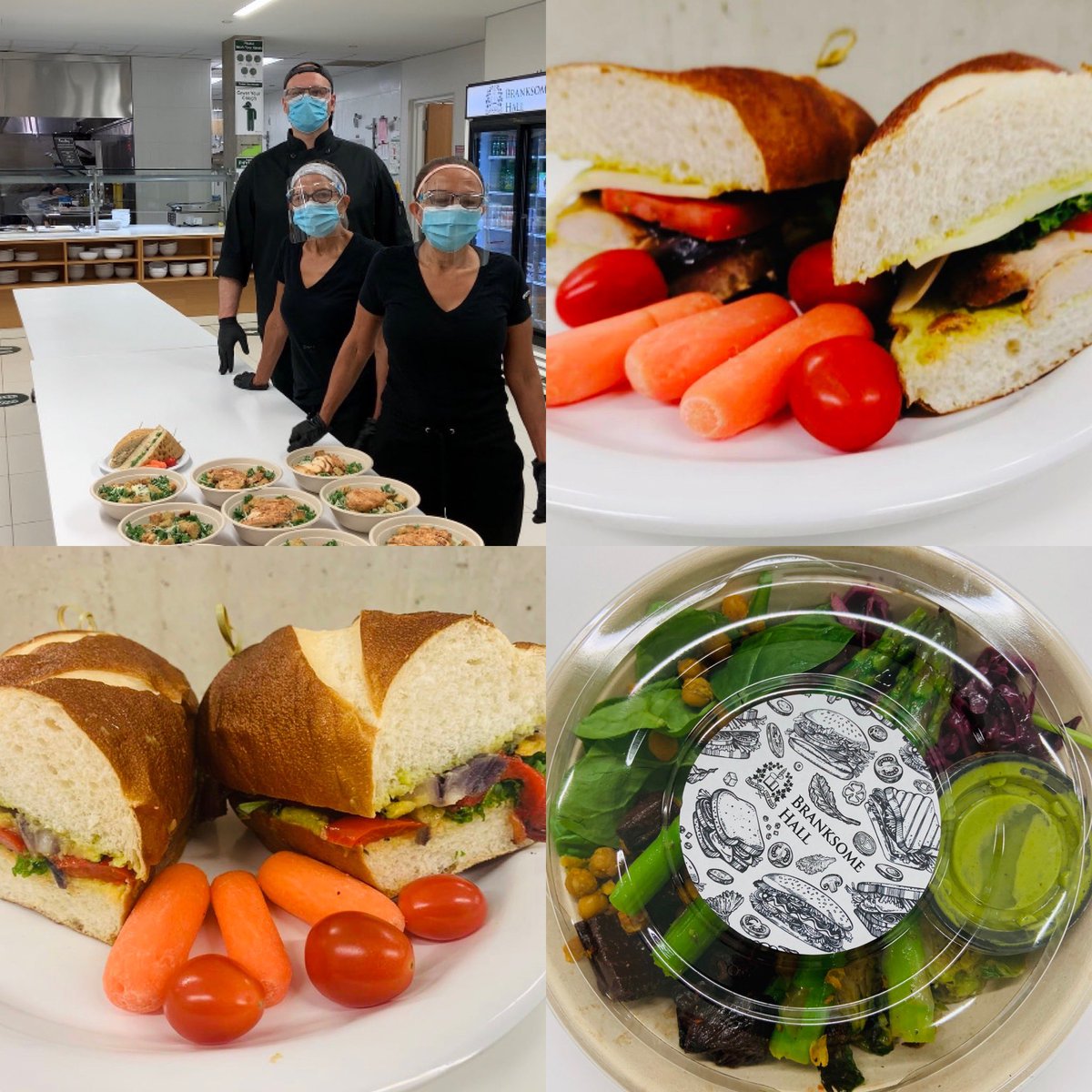 jtrudeau3302's tweet photo. Carlos, Alba and Martha preparing some of today’s lunch offerings @branksomehall #chickenandguacamole #motherearthchickpeasalad #grilledvegetable #friday #lunch https://t.co/TKWC45TY6R