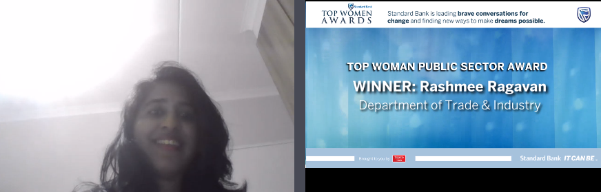 SBTopWomen's tweet photo. Top Women Public Sector Leader Award: Sponsored by @MotheoCollege goes to Rashmee Ragavan - Department of Trade &amp; industry 

Congratulations Rashmee Ragavan, @the_dti 

#SBTopwomen 
#SBTopwomenawards #topwomen #Awards https://t.co/GQusbZ6aQa