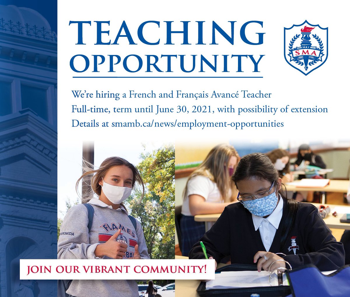 We’re hiring a French &amp; Français Avancé Teacher. This is a full-time position until June 30, 2021 (possibility of extension). Dets at smamb.ca/news/employmen…. Please share with people in your network. #teachingopportunity #frenchteacher #françaisteacher