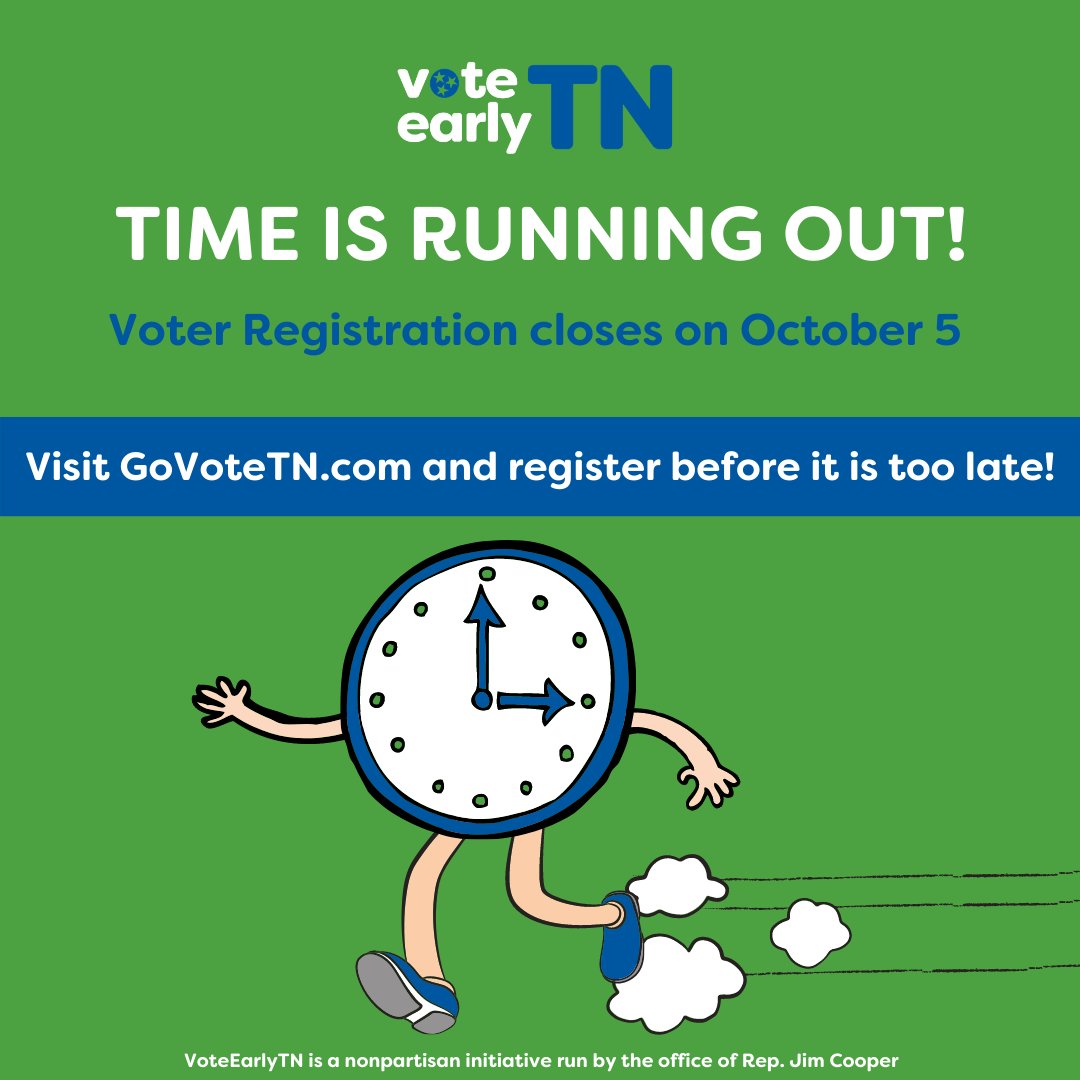 WomenTnFuture's tweet photo. SPREAD THE WORD!

Deadline to Register to Vote: 
THIS Monday, October 5th!!

Register to vote or check your registration status at:
https://t.co/S0ZMHft26x

#ElectWTFWomen #VoteEarlyTN #GoVoteTN https://t.co/TwOxl1rxOA