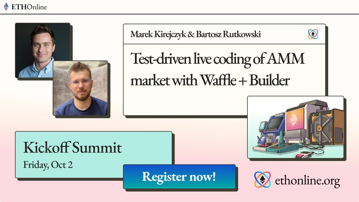 Next presentation with  @ethmarek  @barrutko"Test-driven live coding of AMM market with Waffle + Buidler"Check it out:  http://live.ethonline.org 