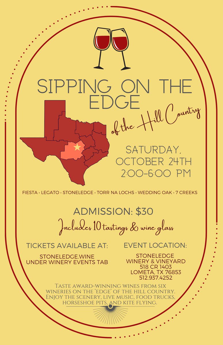🍷 This promises to be a beautiful, fun, delicious &amp; fine wine time! If you've never been to <a href="/SLVineyard/">Stoneledge Winery & Vineyard</a> - make it to this event! We'll be there, with Stoneledge,<a href="/fiestawinery/">Fiesta Winery</a> , 7 Creeks Vineyard, <a href="/TorrNaLochs/">Torr Na Lochs</a>, <a href="/WeddingOakWine/">WeddingOakWinery</a> !
#TexasHillCountryWineries #TxWine #Wine #Texas