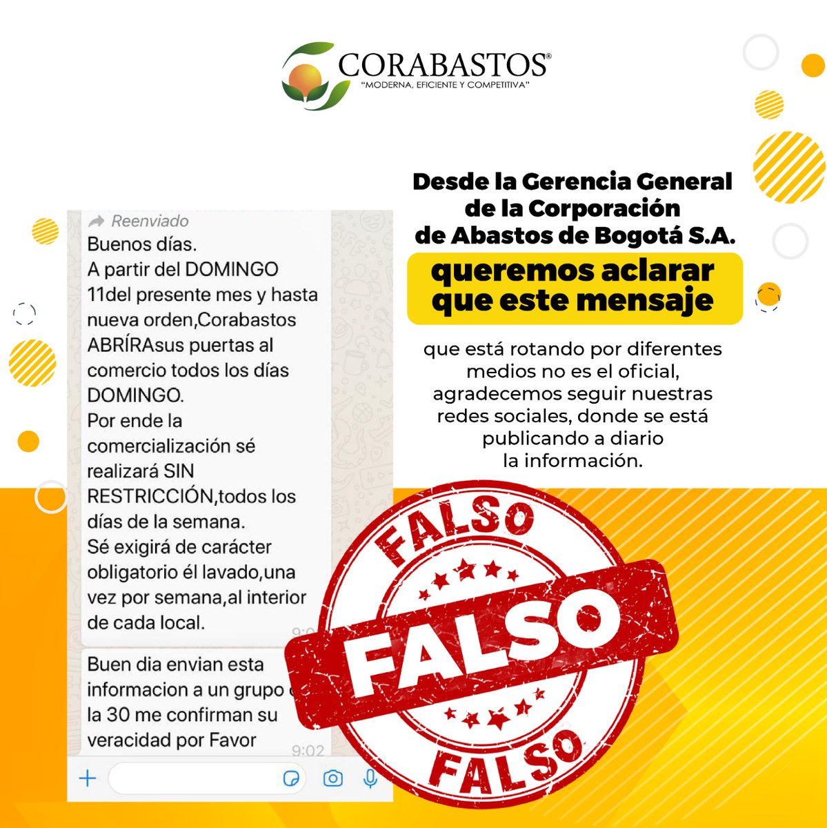 CorabastosSA's tweet photo. #CORABASTOSInforma 

🗣️Comerciantes, les pedimos que no difundan información que no este confirmada por la Administración.
▪️Recuerden que continuamos con las jornadas de lavado, limpieza y desinfección. 

.
.
.
#corabastos #CORABASTOSContigo https://t.co/p551QKDgsc