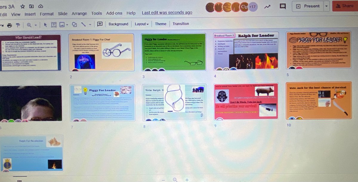 MsVillalpando1's tweet photo. Used Grid Viewโจin Google Slides to monitor๐ progress while student groups worked on endorsement posters for Lord of the Flies. ๐ท๐๐Made it easy to see which breakout rooms I needed to jump into. Thanks @susangbarber for the ideaโผ๏ธ#APSLIT https://t.co/QwM5vGGPcB