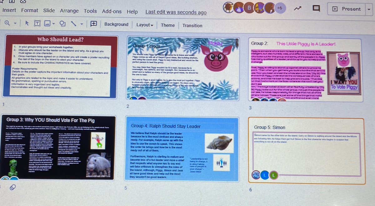 MsVillalpando1's tweet photo. Used Grid Viewโจin Google Slides to monitor๐ progress while student groups worked on endorsement posters for Lord of the Flies. ๐ท๐๐Made it easy to see which breakout rooms I needed to jump into. Thanks @susangbarber for the ideaโผ๏ธ#APSLIT https://t.co/QwM5vGGPcB