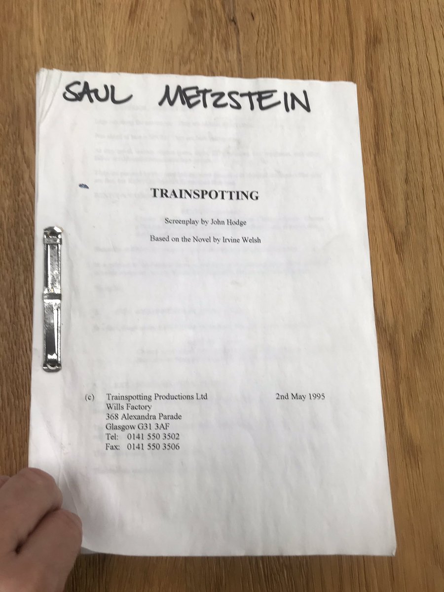 JayAGlennie's tweet photo. The great @saulmetzstein gave me some Trainspotting goodies today, which will feature in our forthcoming @CoattailBooks 25th making of anniversary edition #scripts with the new addition of Renton’s voice over #schedules #callsheets 
https://t.co/mA4DXW6Pw1 https://t.co/g7eqo8JJxd
