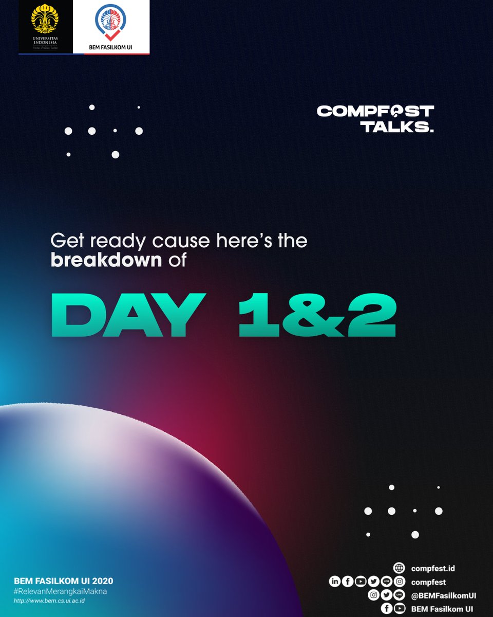 COMPFEST's tweet photo. Selamat malam, DigiFellas!
Berikut adalah rundown untuk COMPFEST Talks yang akan diadakan mulai besok! Masih ada kesempatan bagi kamu yang belum mendaftar untuk COMPFEST Talks.
#COMPFESTalks
#EmpowerBreakthrough
#CF12 https://t.co/1nZJhRLjc0
