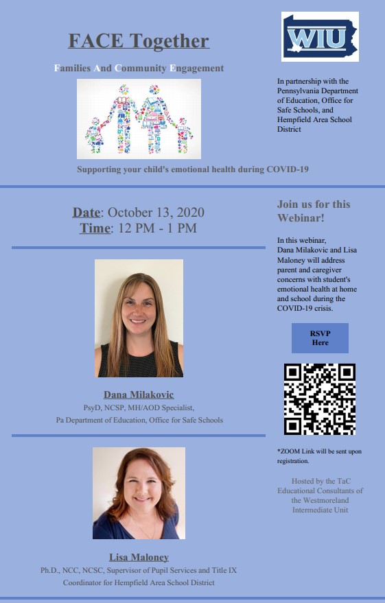 In partnership with <a href="/hasd_district/">Hempfield Area SD</a> <a href="/PADeptofEd/">PA Department of Education</a> Office for Safe Schools and <a href="/WIU07/">WIU07</a> <a href="/WIU7TaC/">TaC</a> join us as we address parent/caregiver concerns with student's emotional health at home and school during COVID-19