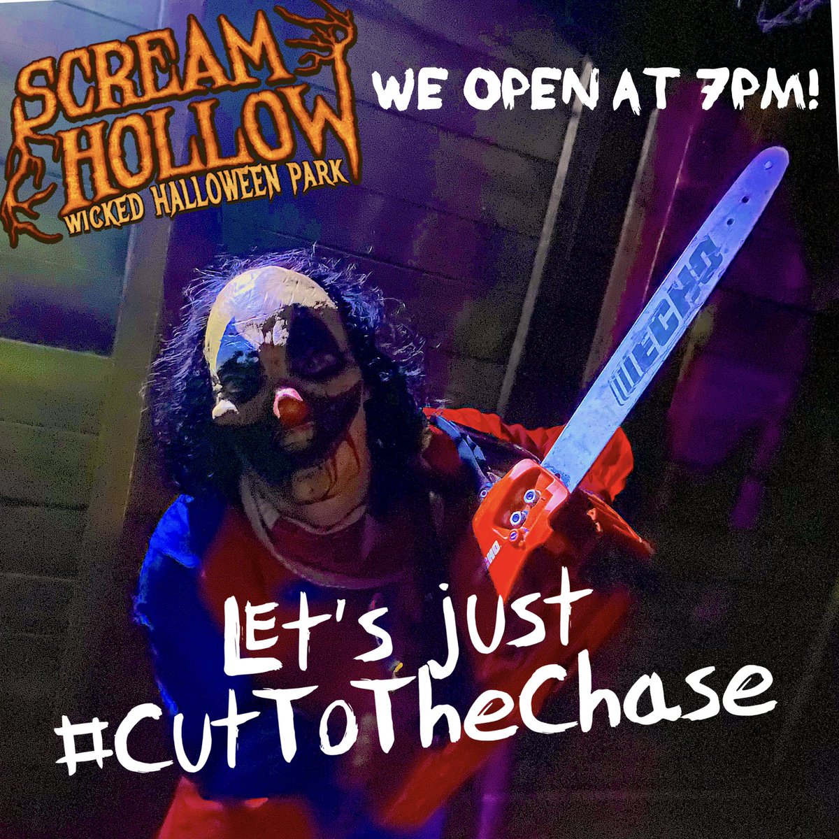 ESCAPE AND COME SEE US! Here we go again... RIP the chainsaws! 4 Haunted attractions through 22 buildings in the woods with at least 4 chainsaws...at least! Cafe, Bar...no chainsaw, tavern... no chainsaw... common area...maybe! Get your tickets early at screamhollow.com