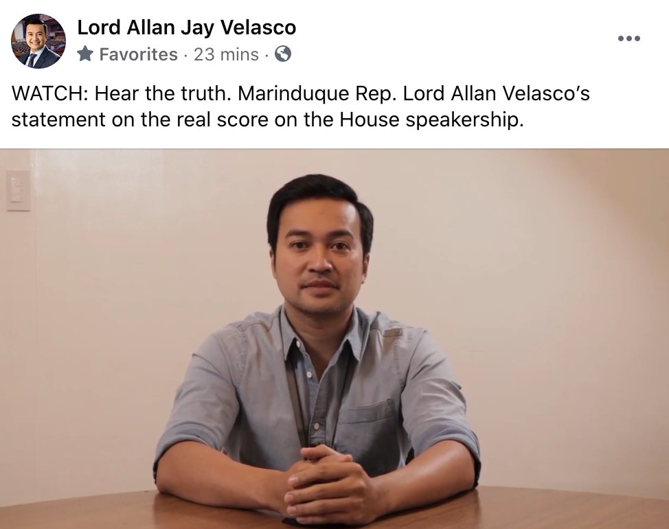 WATCH: Marinduque Representative Lord Allan Velasco posts video on his FB page to "correct coordinated lies and misinformation" in the speakership row between him and Speaker Alan Peter Cayetano. | via  @maracepeda  https://www.facebook.com/929261067185376/posts/3098893756888752/?vh=e&extid=0