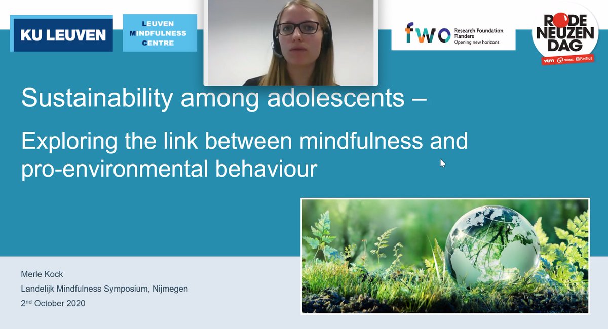 LMC'er <a href="/KockMerle/">Merle Kock</a> now presenting her work, sponsored by <a href="/FWOVlaanderen/">FWO</a> <a href="/rodeneuzendag/">Rode Neuzen Dag</a>, on mindfulness and pro-environmental behaviour in adolescents at the online Landelijk Mindfulness Symposium <a href="/RUMCmindfulness/">Radboudumc Expertisecentrum voor Mindfulness</a>.