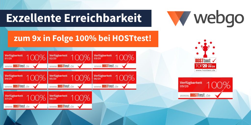 webgo_de's tweet photo. 💯🔛
Auch im September haben wir wieder eine 1⃣0⃣0⃣ % #Erreichbarkeit bei #HOSTtest!
Wir freuen uns sehr!💪😊
Die Wahl zum #Webhoster des Jahres 2020 läuft noch! Unter https://t.co/LTXkAcP0MR könnt Ihr für uns voten!
🧡-lichen Dank & einen schönen Start ins Wochenende!
🙏 https://t.co/79e7WaY1RF