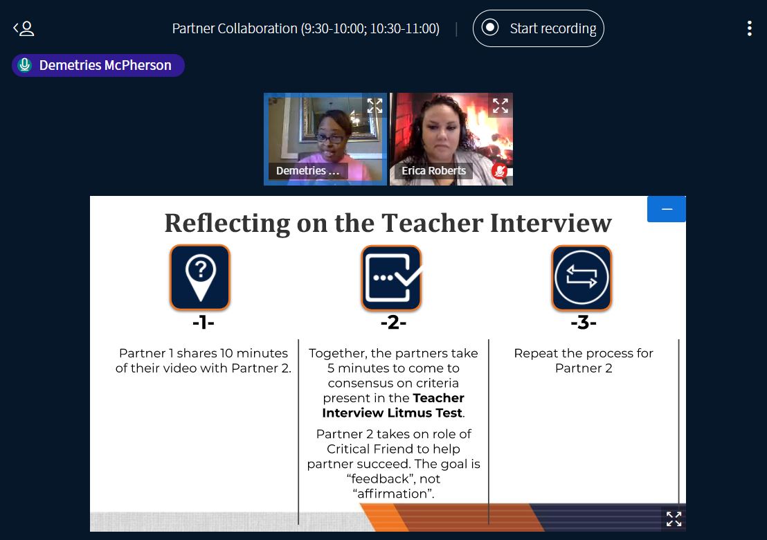 GlennaEWyatt's tweet photo. We are really doing this!!! Advanced Coaching Academy participants are in pairs watching each other's Teacher Interview videos and giving each other feedback based on the @LastingerCenter Litmus Test. ALL VIRTUAL and they are nailing it! @ocpsPL https://t.co/BWOgftgvRu