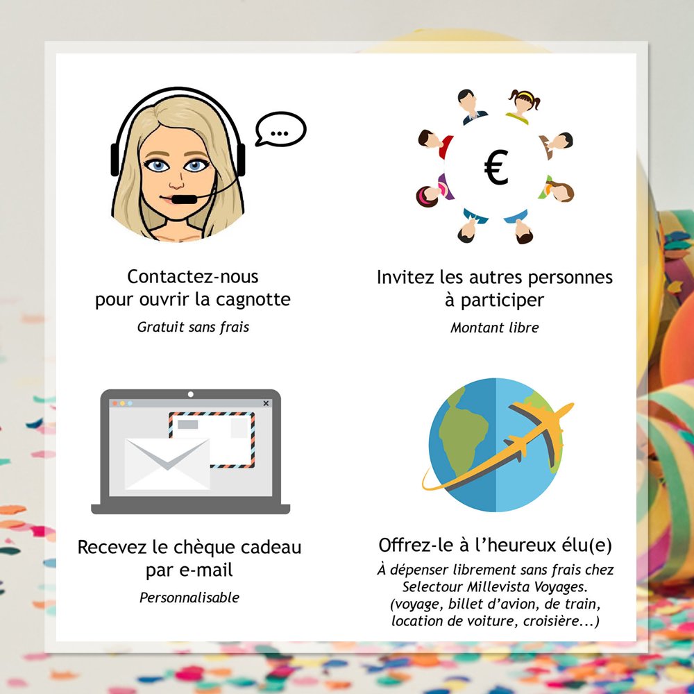 Votre collègue part en retraite, votre ami(e) fête son anniversaire... et vous manquez d'idée cadeau ? Ouvrez une cagnotte gratuitement et offrez un 𝗰𝗮𝗱𝗲𝗮𝘂 𝘂𝗻𝗶𝗾𝘂𝗲 qui plaira à coup sûr. 🌴
➡️ Contactez-nous : 04 78 24 00 09 / millevista@selectour.com
#cagnotte #cadeau