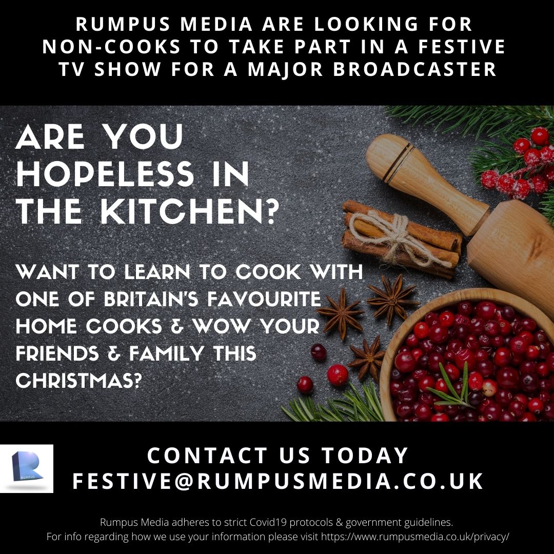 Do your friends, family, colleagues deserve a festive treat? Rumpus Media are looking for fun households or groups of colleagues to take part in a new Festive TV show for a major broadcaster. 
festive@rumpusmedia.co.uk get in touch today. #cantcook #wontcook #Takeaway #takeout