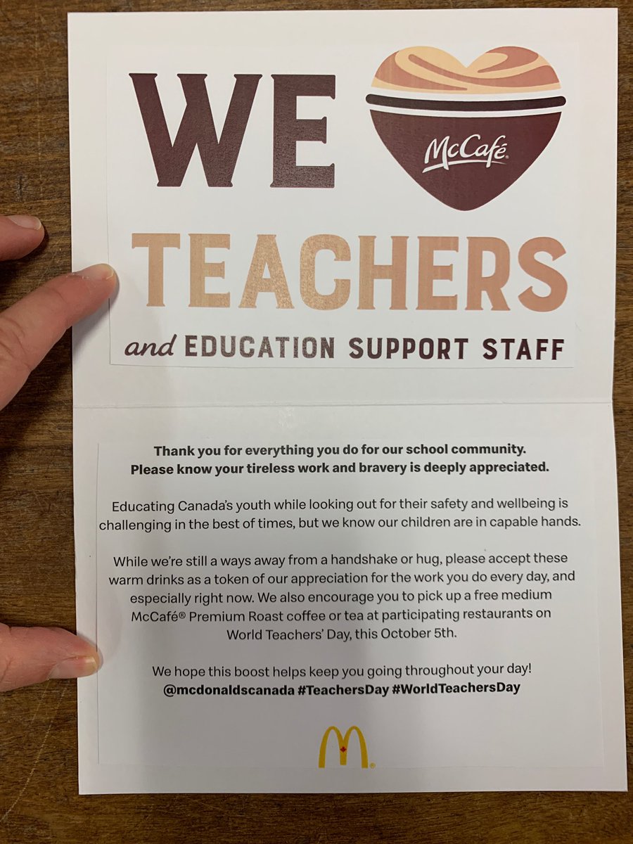 Handleyklw's tweet photo. What a great surprise for our staff @Centennial_LDSB this morning from @McDonaldsCanada to recognize #WorldTeachersDay on Monday! All teachers and support staff are invited to visit McDonalds on Monday for a free coffee or tea to say thank you for all the work that you do. https://t.co/6f3xGA5sFP