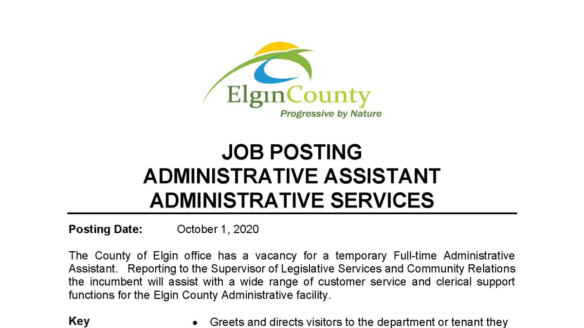 ‼️ 𝗘𝗠𝗣𝗟𝗢𝗬𝗠𝗘𝗡𝗧 𝗢𝗣𝗣𝗢𝗥𝗧𝗨𝗡𝗜𝗧𝗬: The County of Elgin office has a vacancy for a temporary Full-time Administrative Assistant. For more information & to apply, please visit: elgincounty.ca/wp-content/upl…