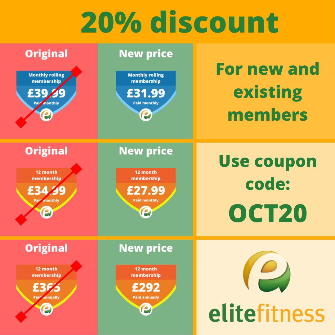 Join Elite Fitness in October 2020 with a 20% discount. 

elitefitness.pike13.com/shop

Open to new and existing members. Contact the team today if you need assistance with this.

Use the code "OCT20" in the shopping cart when you sign up. 

Elite Team