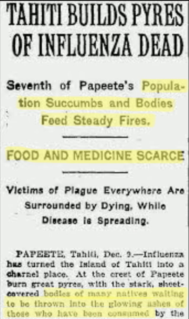 So many deaths, that “bodies feed steady fires” in Tahiti while food and medicine is scarce“So many bodies...hospitals are full and doctors see no end in sight” posted at 9:11